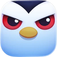 Logo for the Angry Codey mobile game app featuring a stylized white penguin face with red eyes, eyebrows angled downward, and a yellow beak. The penguin appears inside a rounded square icon.