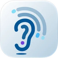 Logo for the BeAware Deaf Assistant app featuring a stylized blue ear surrounded by curved blue sound-wave arcs and small blue and purple circular accents. The design appears within a rounded square icon with a light gray gradient background.