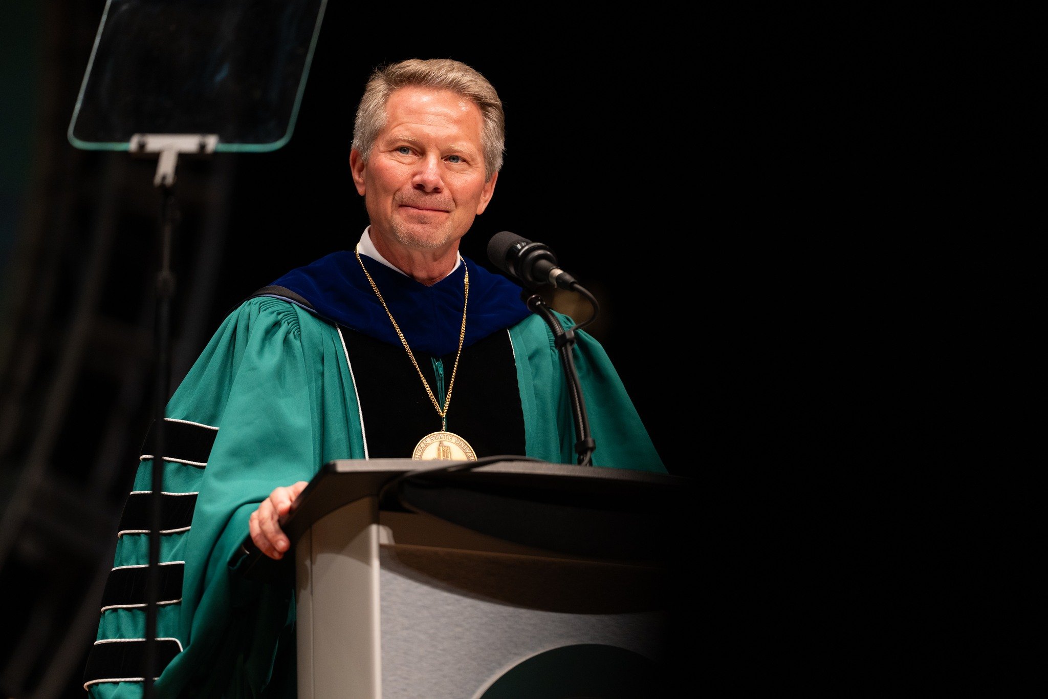 Michigan State University President Kevin Guskiewicz speaking at his investiture in September 2024
