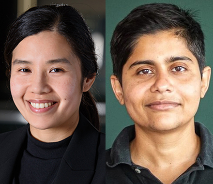 Michelle Pham (right), smiling, wearing a dark blouse and jacket, standing in a dimly lit classroom. Megh Marathe (left), smiling, wearing a dark polo shirt and standing in front of a dark green background.