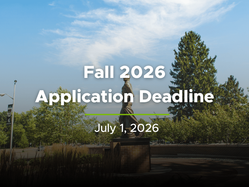A picture of the Sparty Statue on the campus of Michigan State University. Text on top of the picture reads "Fall 2026 Application Deadline: July 1, 2026"