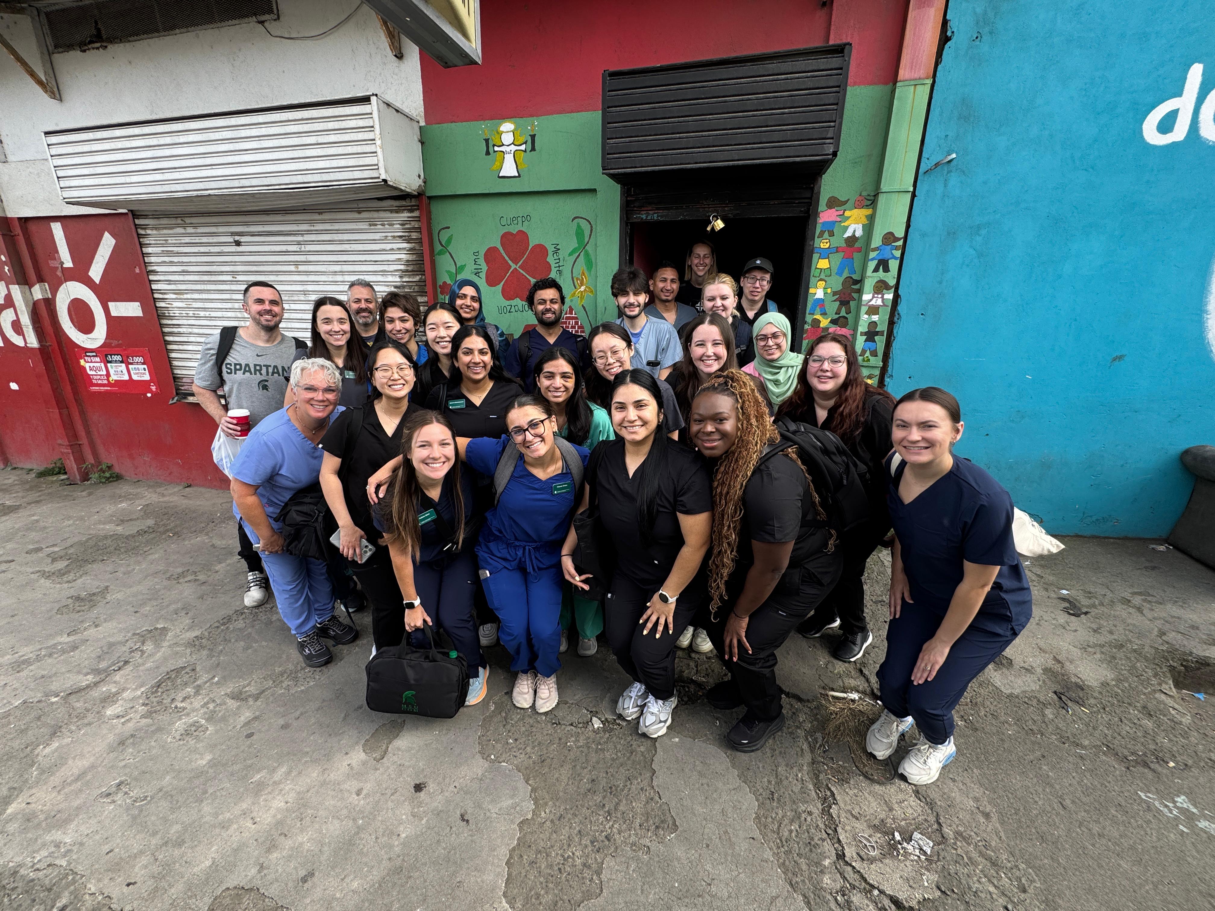 MSUCOM medical student Miranda Clinton with her cohort in front of a clinic in Costa Rica.