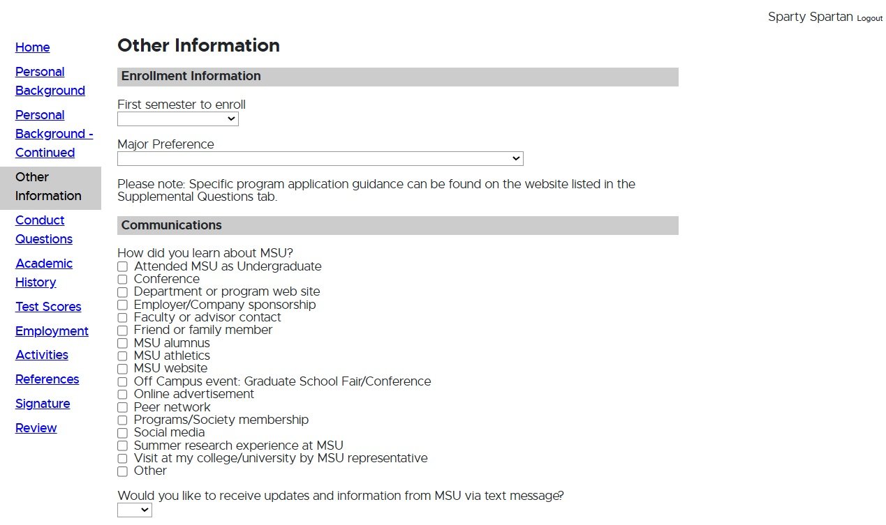 Application form section titled 'Other Information' for Michigan State University. Under 'Enrollment Information,' fields include 'First semester to enroll' (dropdown menu) and 'Major Preference' (dropdown menu). A note below mentions that specific program application guidance can be found on the Supplemental Questions tab. The 'Communications' section asks, 'How did you learn about MSU?' with multiple checkboxes including options like MSU website, social media, conference, employer sponsorship, family member, and more. A final dropdown asks whether the applicant would like to receive updates from MSU via text message.