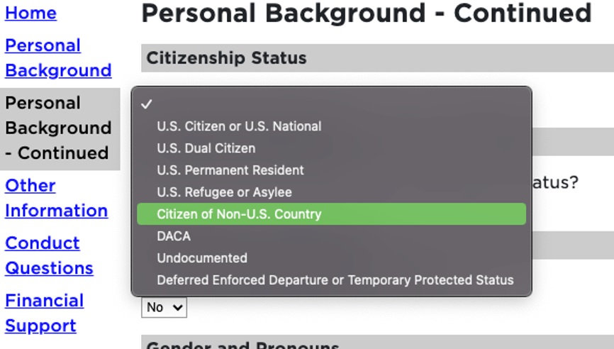 Dropdown menu under 'Citizenship Status' on a university application form. The menu is expanded and highlights the selected option 'Citizen of Non-U.S. Country' in green. Other options in the list include: U.S. Citizen or U.S. National, U.S. Dual Citizen, U.S. Permanent Resident, U.S. Refugee or Asylee, DACA, Undocumented, and Deferred Enforced Departure or Temporary Protected Status.