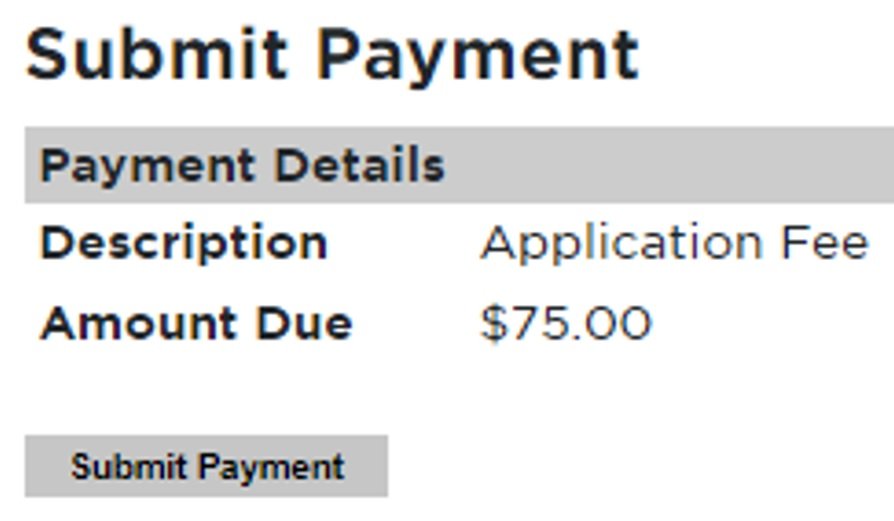 Payment submission screen for a university application. The section titled 'Payment Details' lists the description as 'Application Fee' and the amount due as $75.00. A grey 'Submit Payment' button is located below the details.
