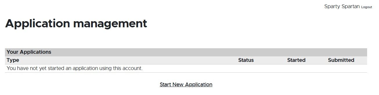 Application management page displaying a table with columns for application type, status, start date, and submission date. The table indicates that no applications have been started using the account. A link labeled 'Start New Application' is provided below the table. The user name 'Sparty Spartan' is shown in the top-right corner with a 'Logout' option.