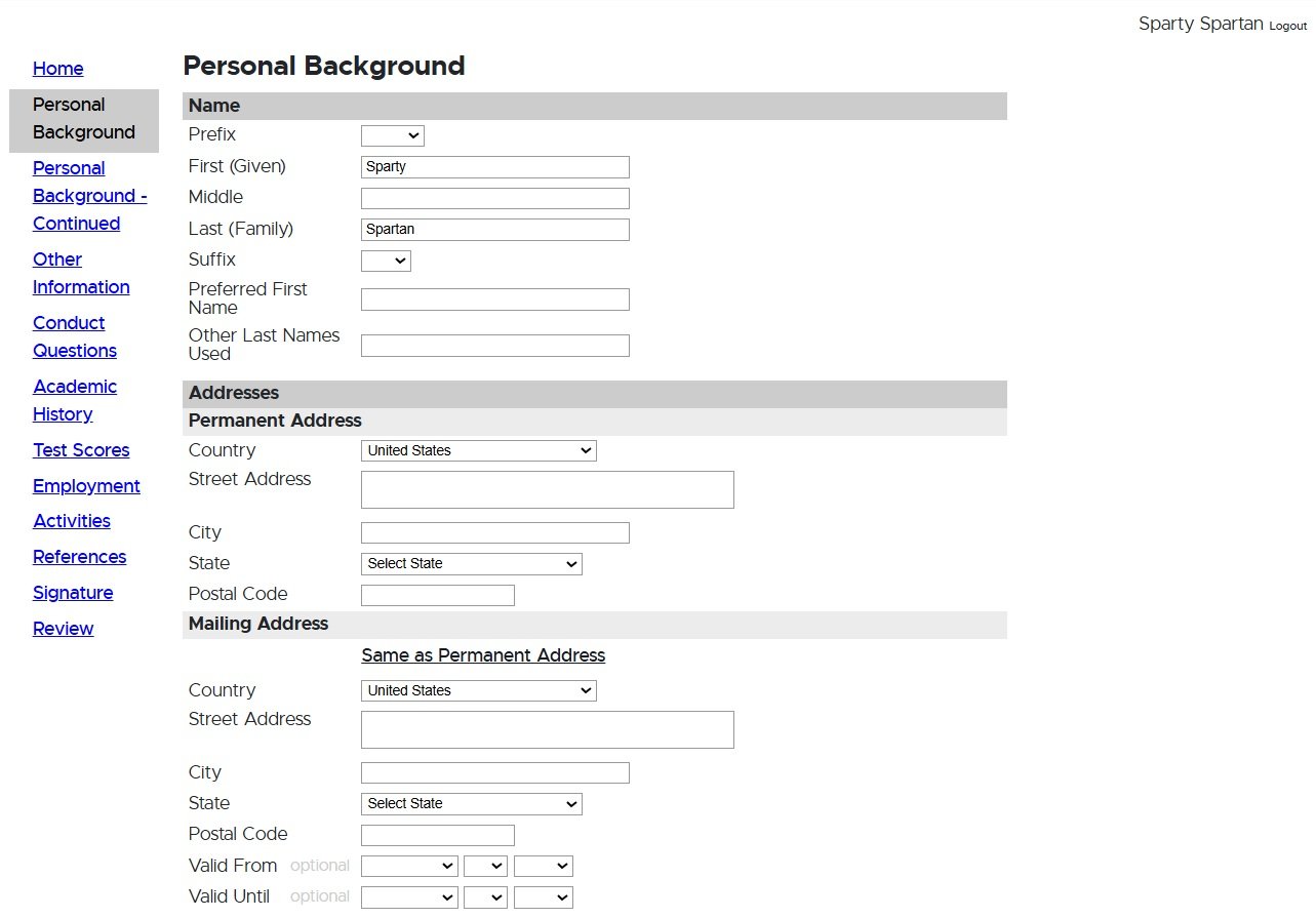 Online form titled 'Personal Background' for a Michigan State University application. Sections include fields for name (prefix, first, middle, last, suffix, preferred name, and other last names), permanent address (country, street address, city, state, postal code), and mailing address (with a checkbox to indicate same as permanent address, plus fields for valid from and until dates). A sidebar on the left lists form sections including Personal Background, Other Information, Conduct Questions, Academic History, Test Scores, Employment, Activities, References, Signature, and Review. User is logged in as 'Sparty Spartan.