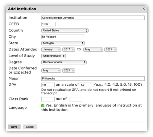 Add institution form filled with Central Michigan University details, showing BA in Philosophy (2017–2021) with 4.0 GPA.