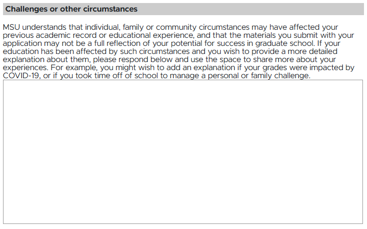Screenshot of a Michigan State University (MSU) graduate school application section titled "Challenges or other circumstances," featuring prompt text above a large, blank text input box.