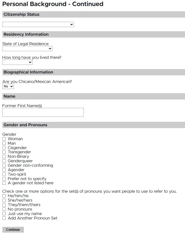 Screenshot of an online form section titled "Personal Background - Continued" with input fields for citizenship, residency, biographical background, former name, and gender/pronoun preferences.