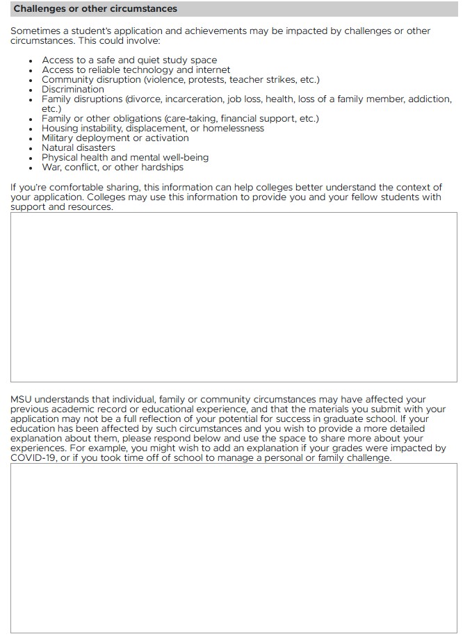 Screenshot of a student application form section titled “Challenges or other circumstances,” listing factors such as limited study space, caregiving, discrimination, illness, financial hardship, housing instability, military deployment, natural disasters, health conditions, and war. Two large blank response boxes invite applicants to explain circumstances affecting academic performance or educational experience, including COVID-19 or personal and family challenges.