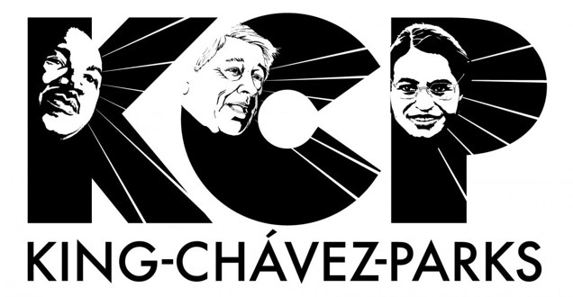 A black and white image showing the words "King-Chavez-Parks" with the faces of Martin Luther King Jr., Caesar Chavez, and Rosa Parks overlaid on the lettering.