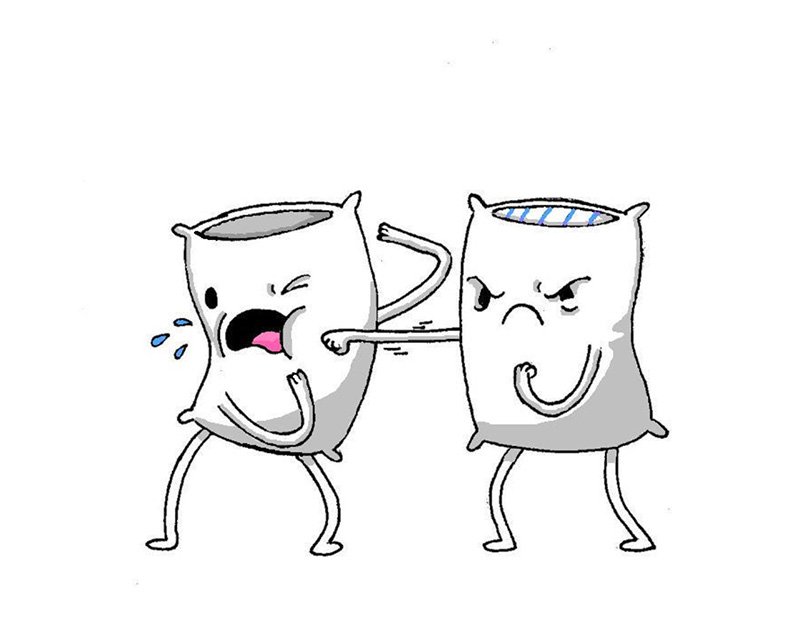 A cartoon of two anthropomorphic pillows having a fistfight.