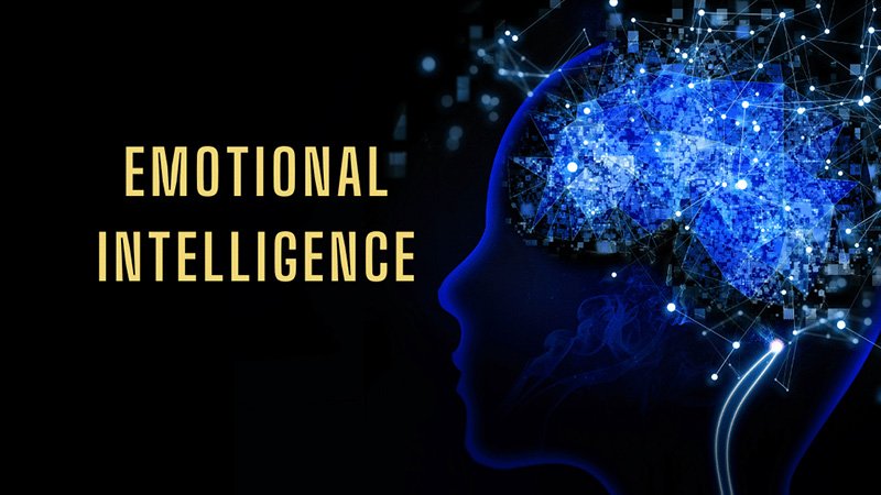 A black background with a blue outline of a head and interconnected neurons. Text reads "emotional intelligence."