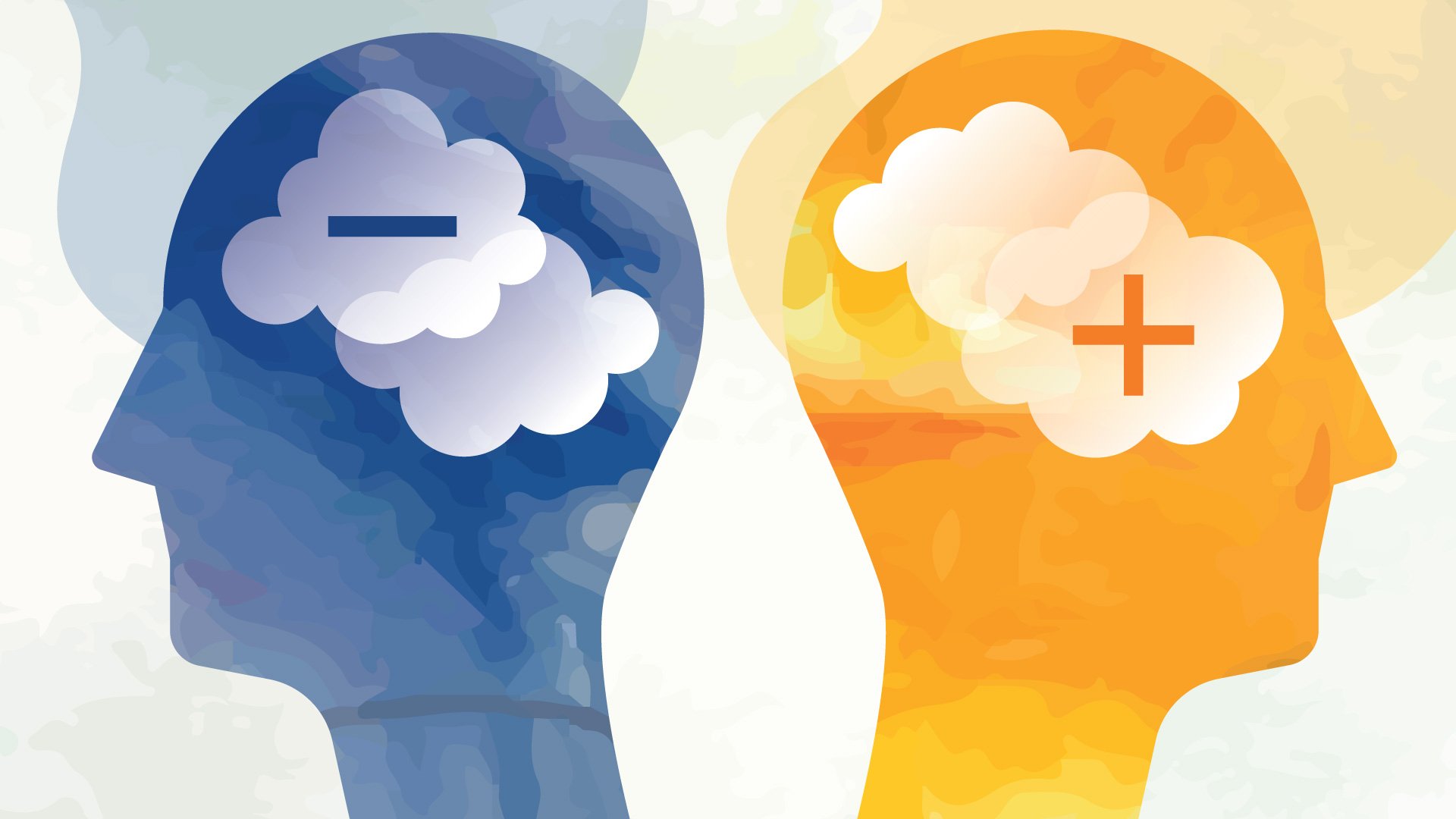 Two cartoon heads are positioned facing the opposite directions. One has a minus sign, and the other has a plus sign.