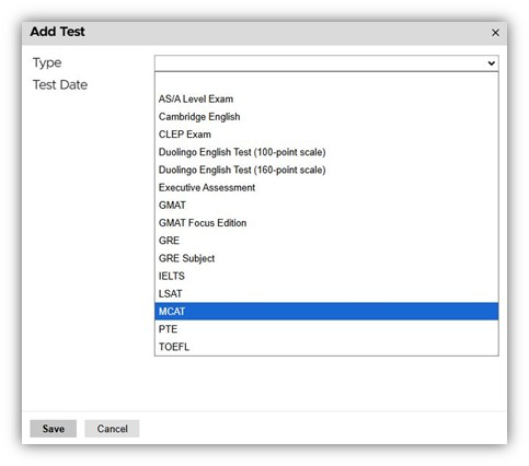 Add test form with dropdown list of exam types, including GRE, GMAT, MCAT, LSAT, TOEFL, IELTS, and others.