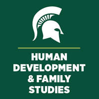 A white Spartan helmet and text that reads, "Human Development & Family Studies."