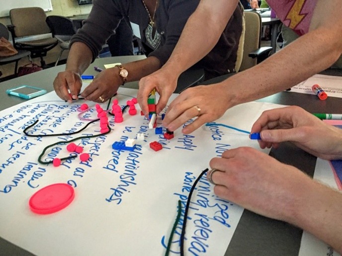 A posterboard with writing and pink playdough is being worked on by a series of hands.
