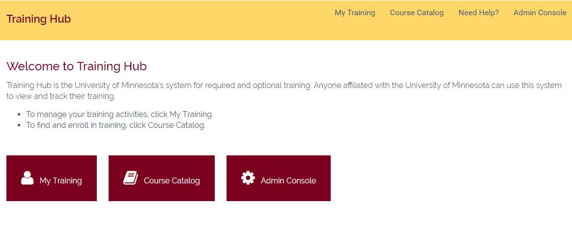 A screenshot of the training hub home page showing buttons on the bottom.