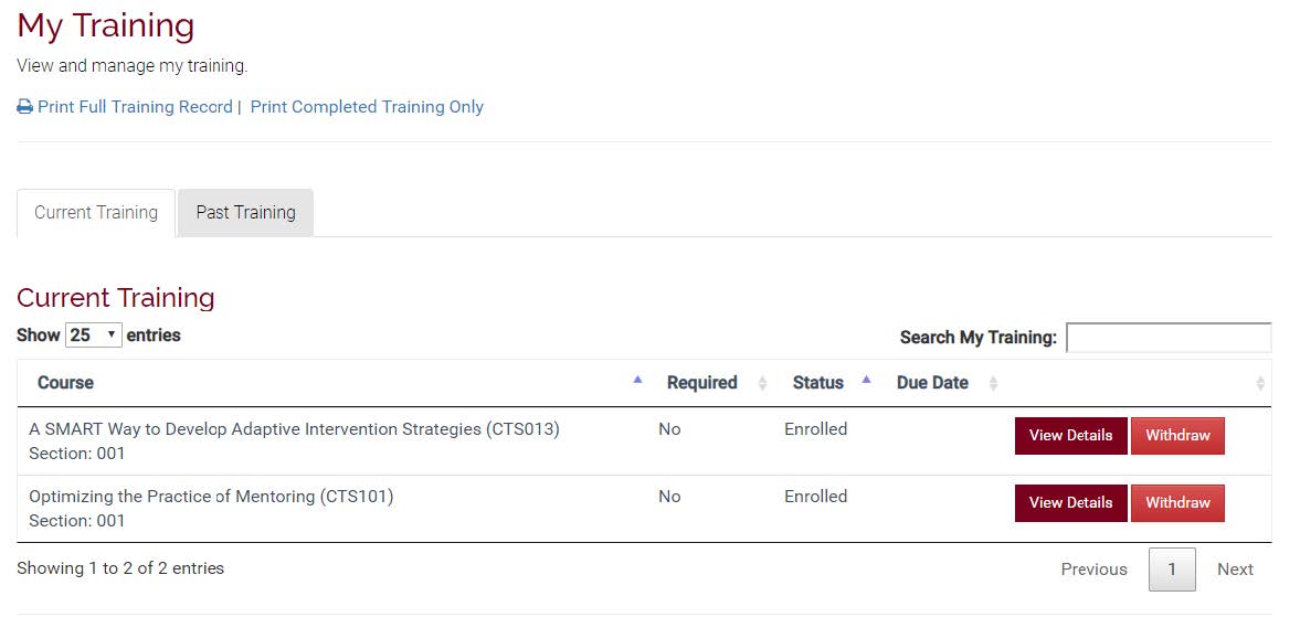 A screenshot of the "My Training" page showing current trainings at the bottom.