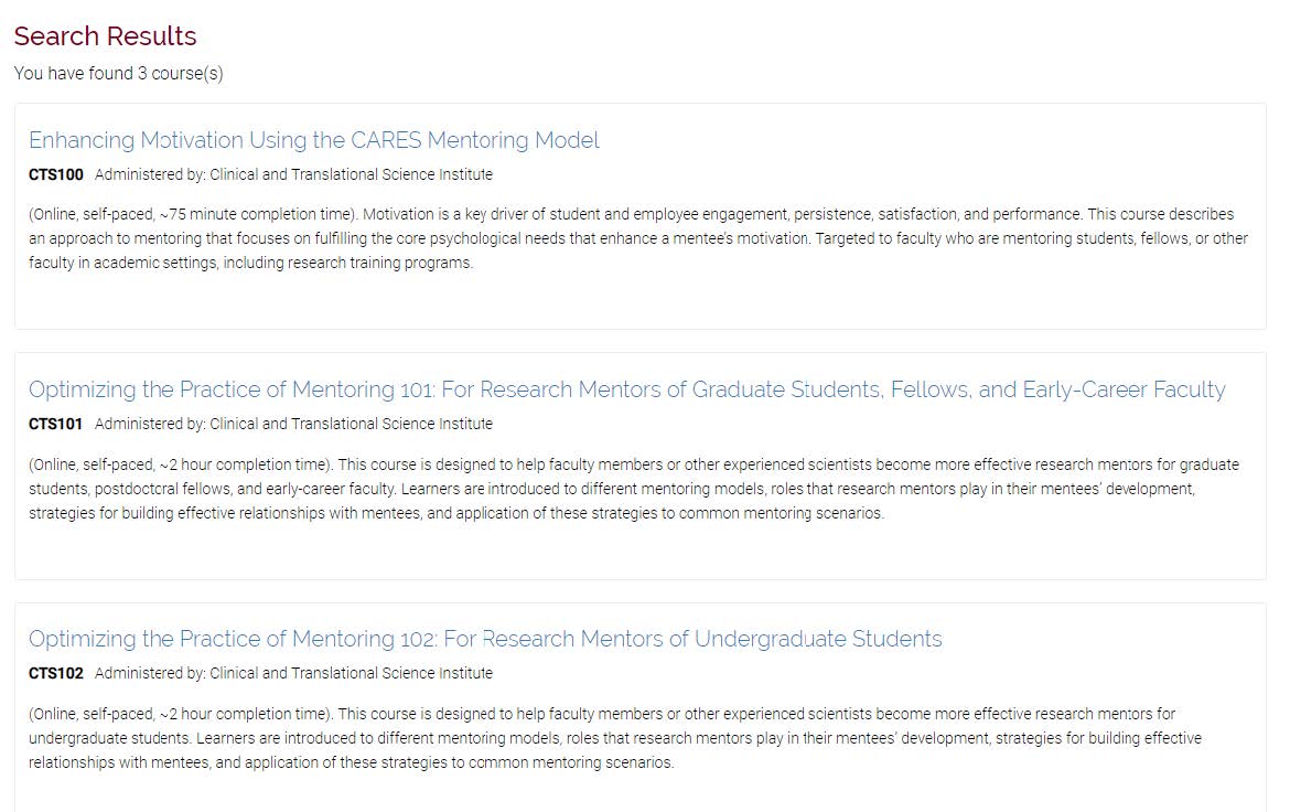 A screenshot showing search results for various courses.