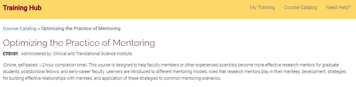 The top portion of the training hub, showing a course named "Optimizing the Practice of Mentoring."
