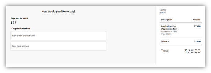 Payment screen showing $75 application fee with options to pay by new credit/debit card or new bank account.