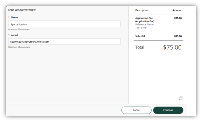 Payment page with applicant name and email fields, showing $75 application fee total and options to cancel or continue.