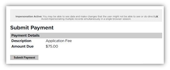 Submit payment page showing application fee of $75.00 with a button to submit payment.