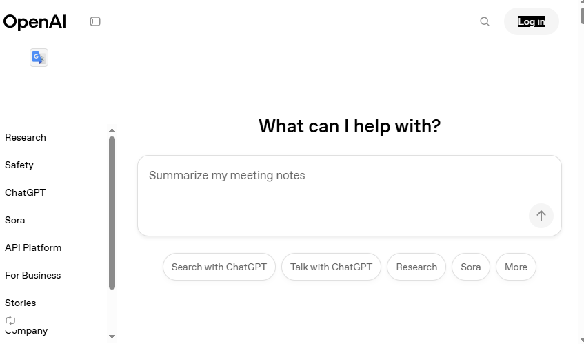 A screenshot of the hope page of Open AI