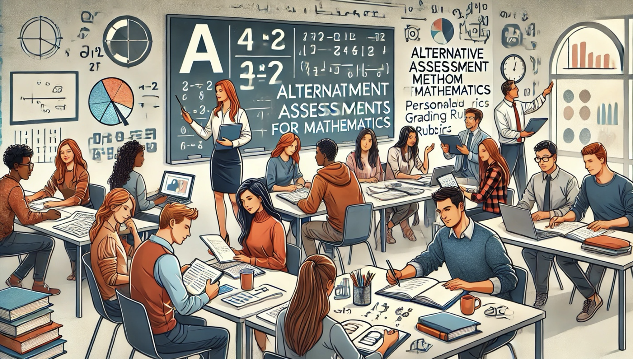 A graphic of a classroom of students performing math equations.