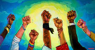 A drawing of fists being held to the sky.