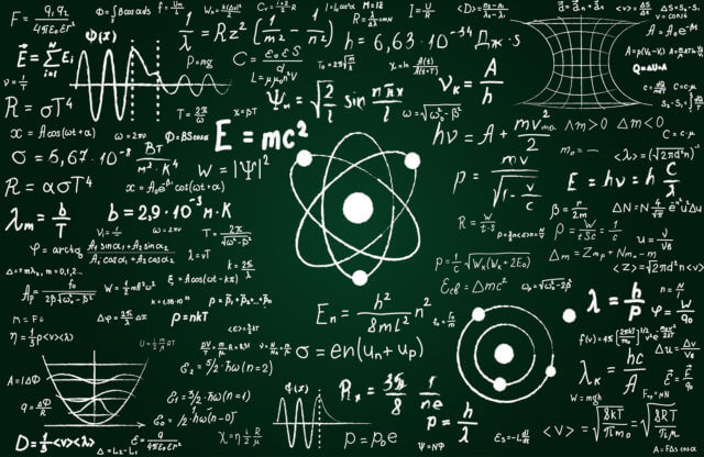 A graphic of a chalkboard covered in equations.