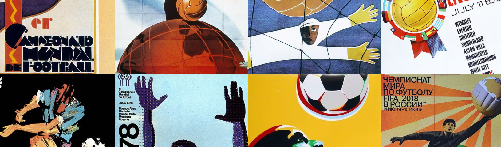A grid-style collage of vintage and modern World Cup posters from different countries and eras, featuring stylized soccer balls, goalkeepers, hands raised to block shots, globe imagery, and bold graphic colors including yellow, blue, red, and black. Several posters include multilingual text and tournament dates, highlighting the global and cultural reach of international football.