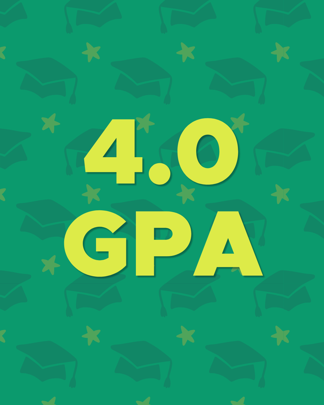 Green graphic with graduation cap and stars pattern and the words "4.0 GPA" in front.