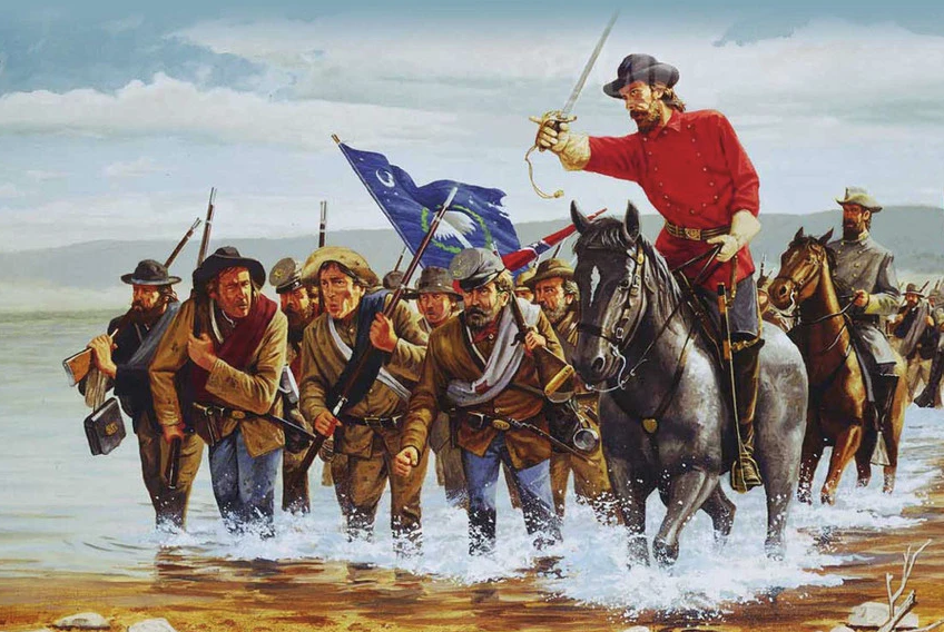 Historical painting depicting a military unit crossing shallow water, with infantry carrying rifles, cavalry on horseback, and a blue flag visible in the center of the group.
