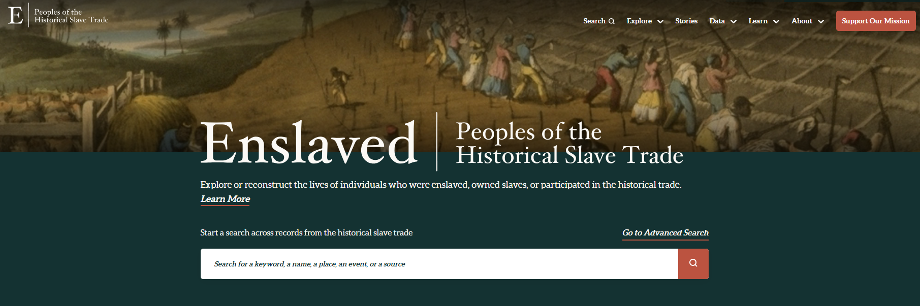 Screenshot of the Enslaved.org homepage featuring a historical illustration of people working in a field, the title 