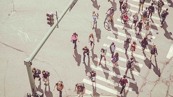 Students in a crosswalk across Farm Lane, viewed from above the traffic light.