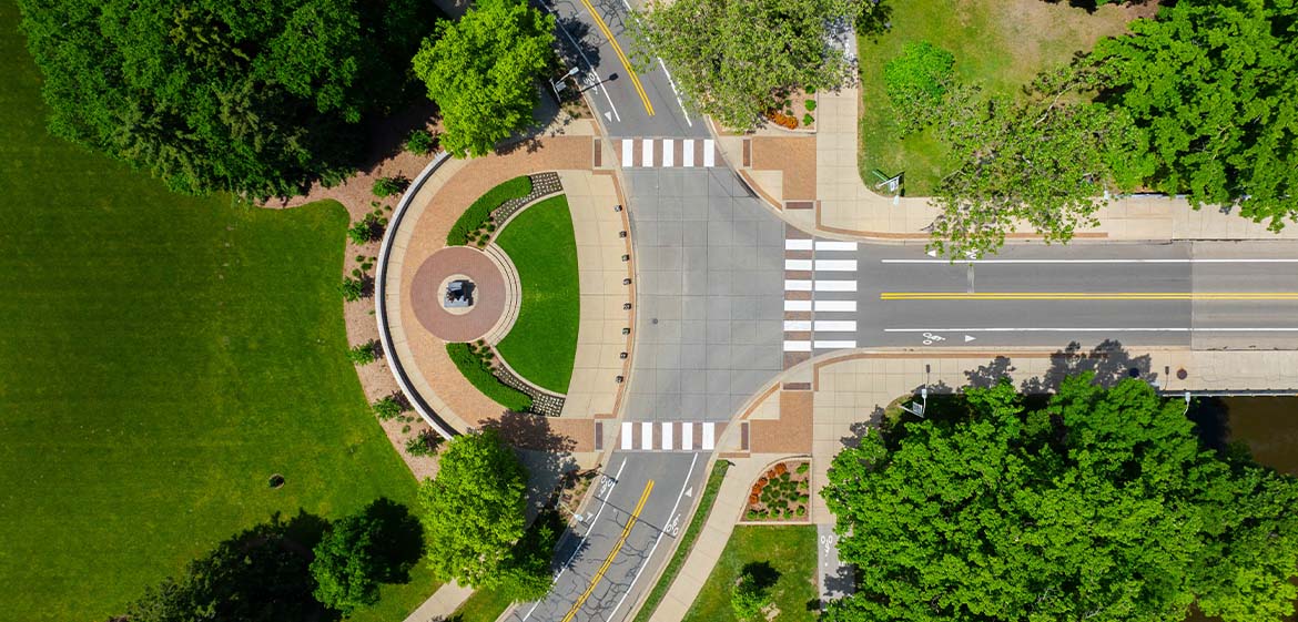 A drone photo shows a birdseye view of The Spartan statue at the intersection of Kalamazoo Street and Beal Street.