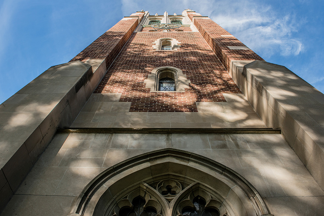 A photograph looking up from the base of Beaumont Tower
