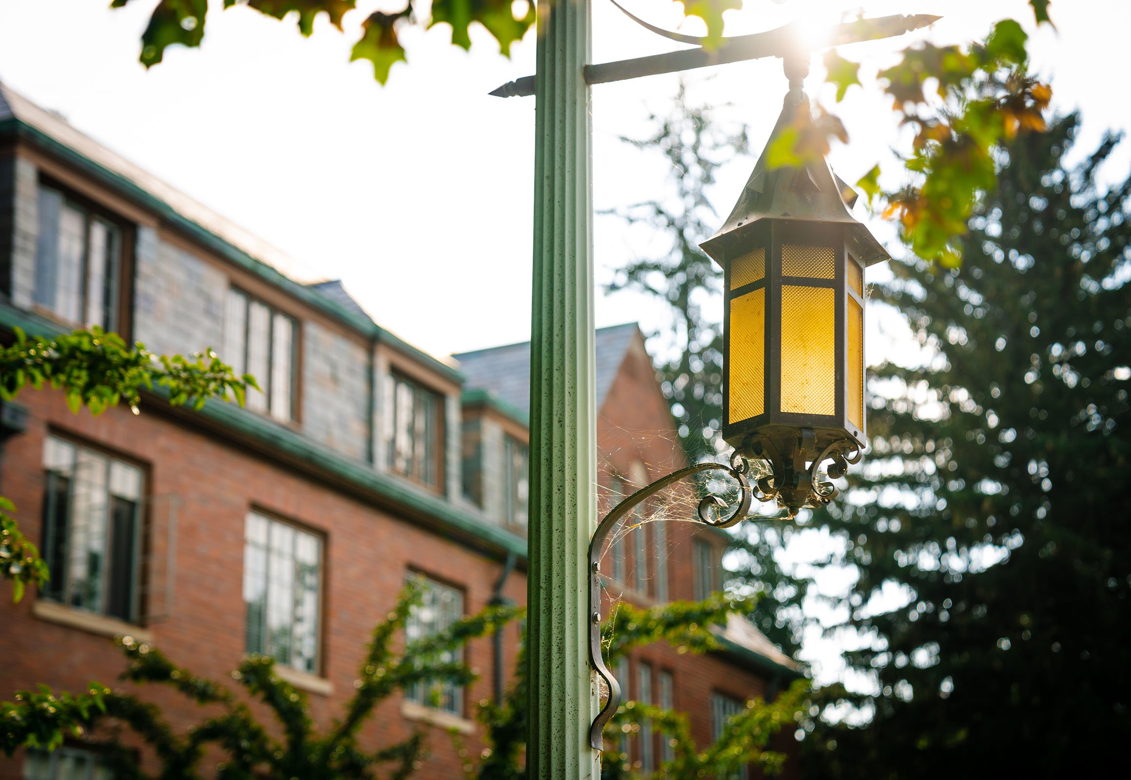 An old fashioned lantern streetlight shines in front of a brick campus residence hall.