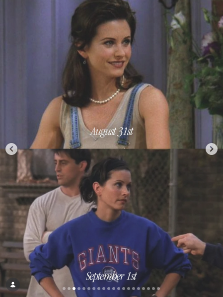A screenshot of an Instagram carousel. On the split image, the top shows a photo of Courtney Cox as Monica Geller in the TV show Friends. She's wearing denim bib overalls, a tank top and a pearl necklace. In the bottom image, she's wearing a New York Giants sweatshirt and depicted mid-argument during a friendly game of football. Character Joey Tribiani, played by Matt LeBlanc, stands in the background with his arms crossed.