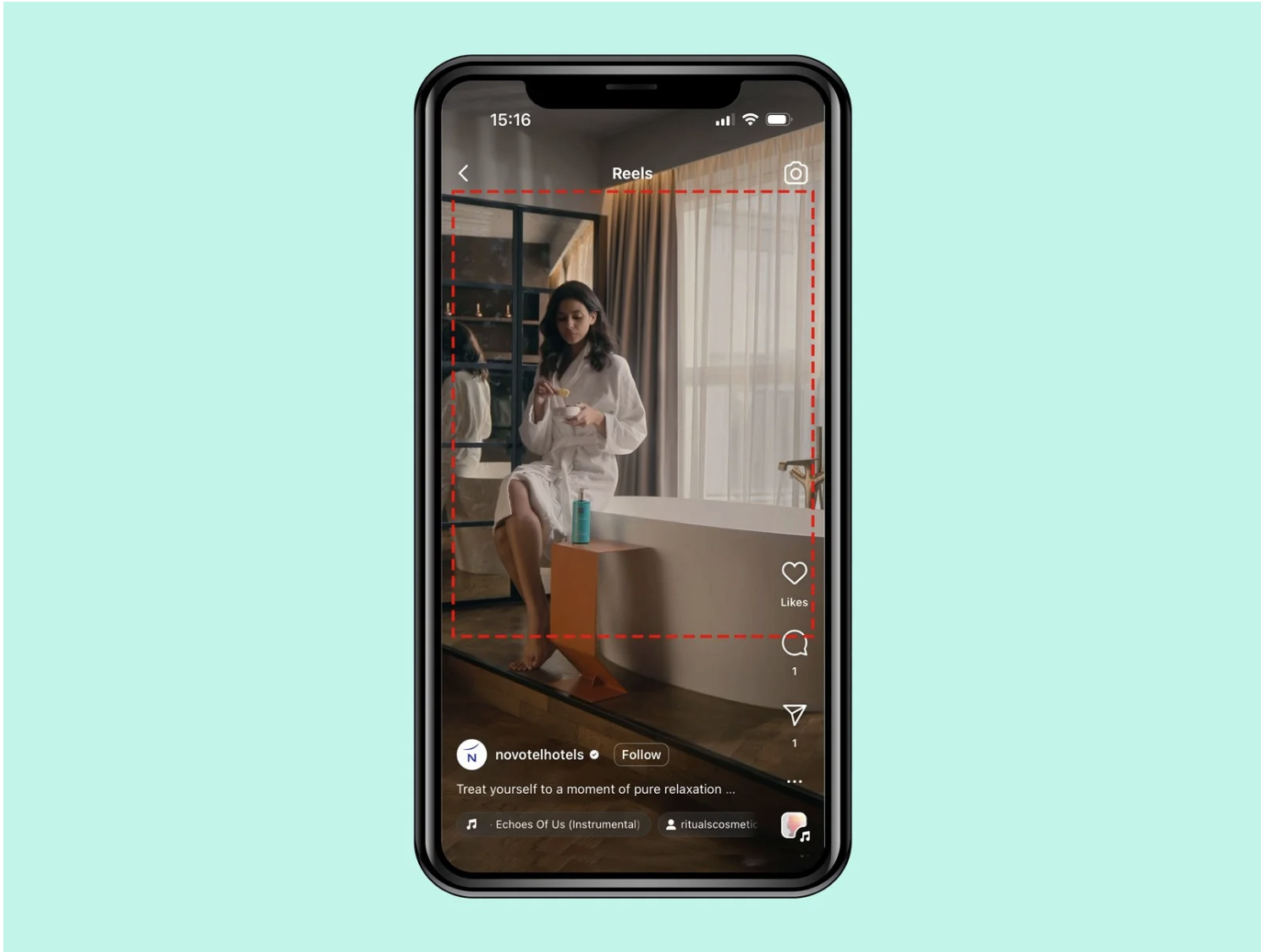 A graphic showing a cell phone. The screen depicts an image of a woman in a spa-like setting, sitting next to a bathtub. A red lined outlines a box around the center of the content.