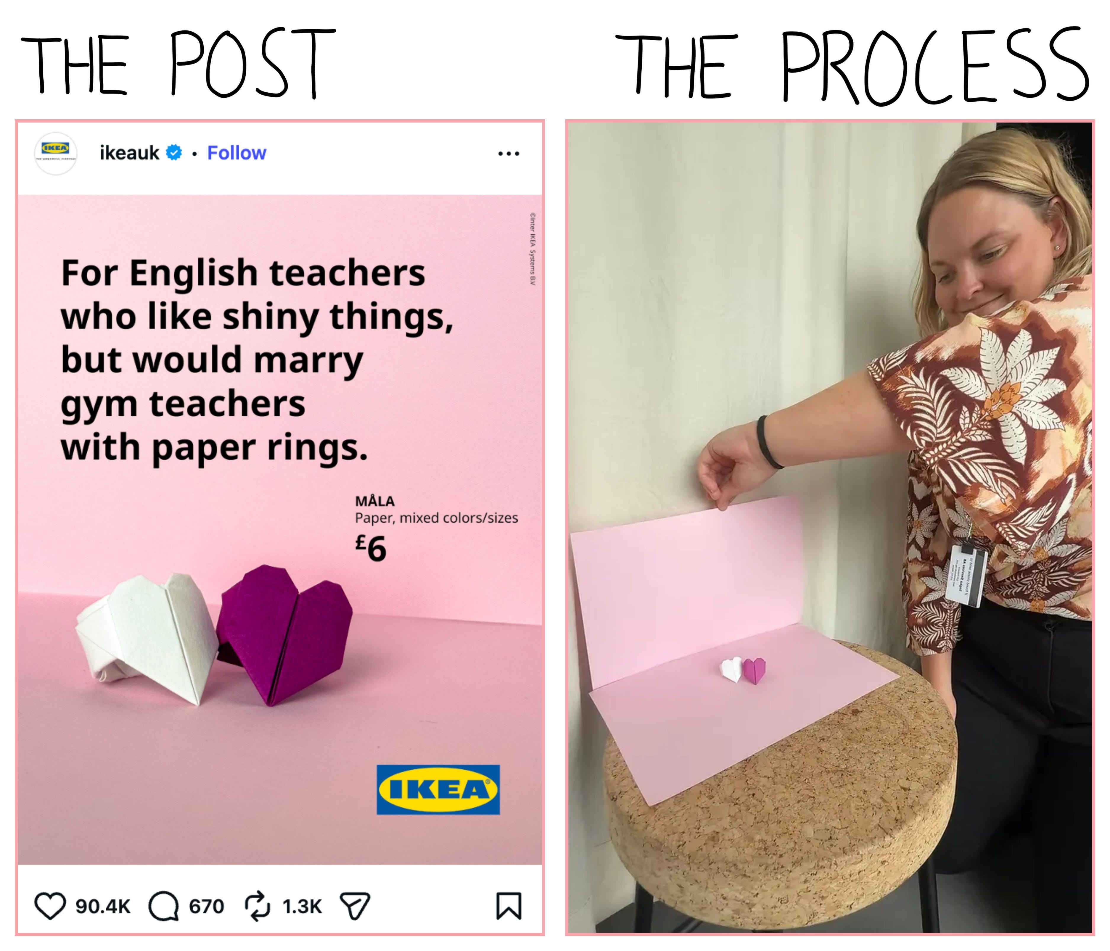 An IKEA Instagram post on the left, with a behind the scenes photo of how the post image was made on the right. Above the left side a caption reads 