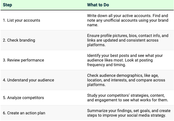 Screenshot of Hootsuite's audit listing steps to: 1. List your accounts. 2. Check branding. 3. Review performance. 4. Understand your audience. 5. Analyze competitors. 6. Create an action plan.