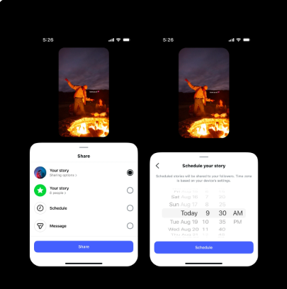A screenshot showing two phone screens with the steps displayed for scheduling content on Instagram. The left screen shows the Share menu to share to your story, and the right screen shows the schedule menu to schedule content to your story.