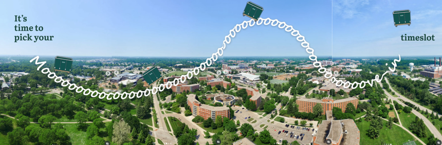 Screenshot of a LiveOn carousel post showing an aerial view of campus, a green moving hamper and text saying 