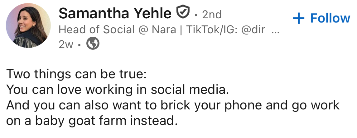 Screenshot of a tweet by Samanta Yehle, head of social @ Nara, reading: 