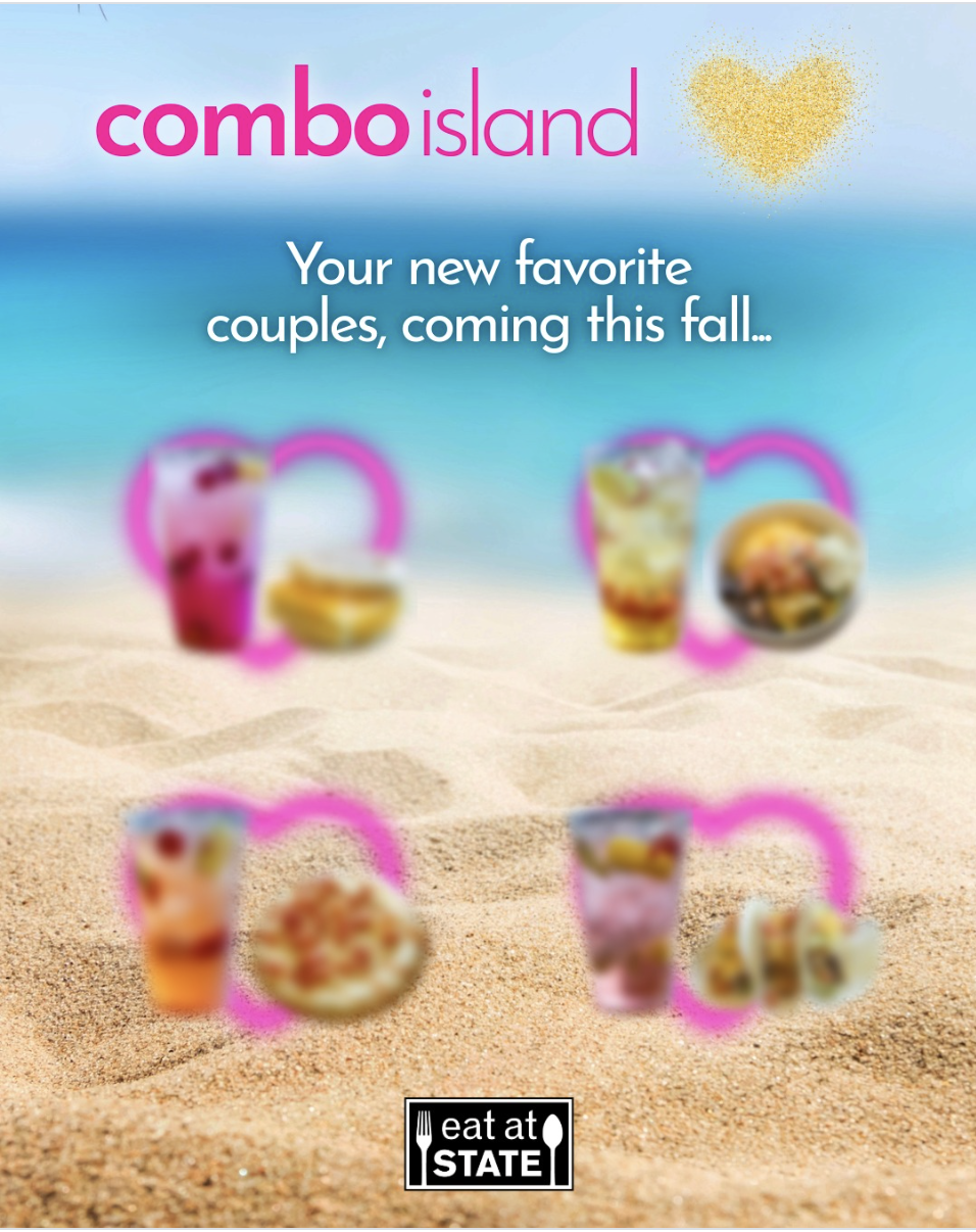 Screenshot of an Eat At State post featuring a beach image and blurred images of food and drinks. Text reads