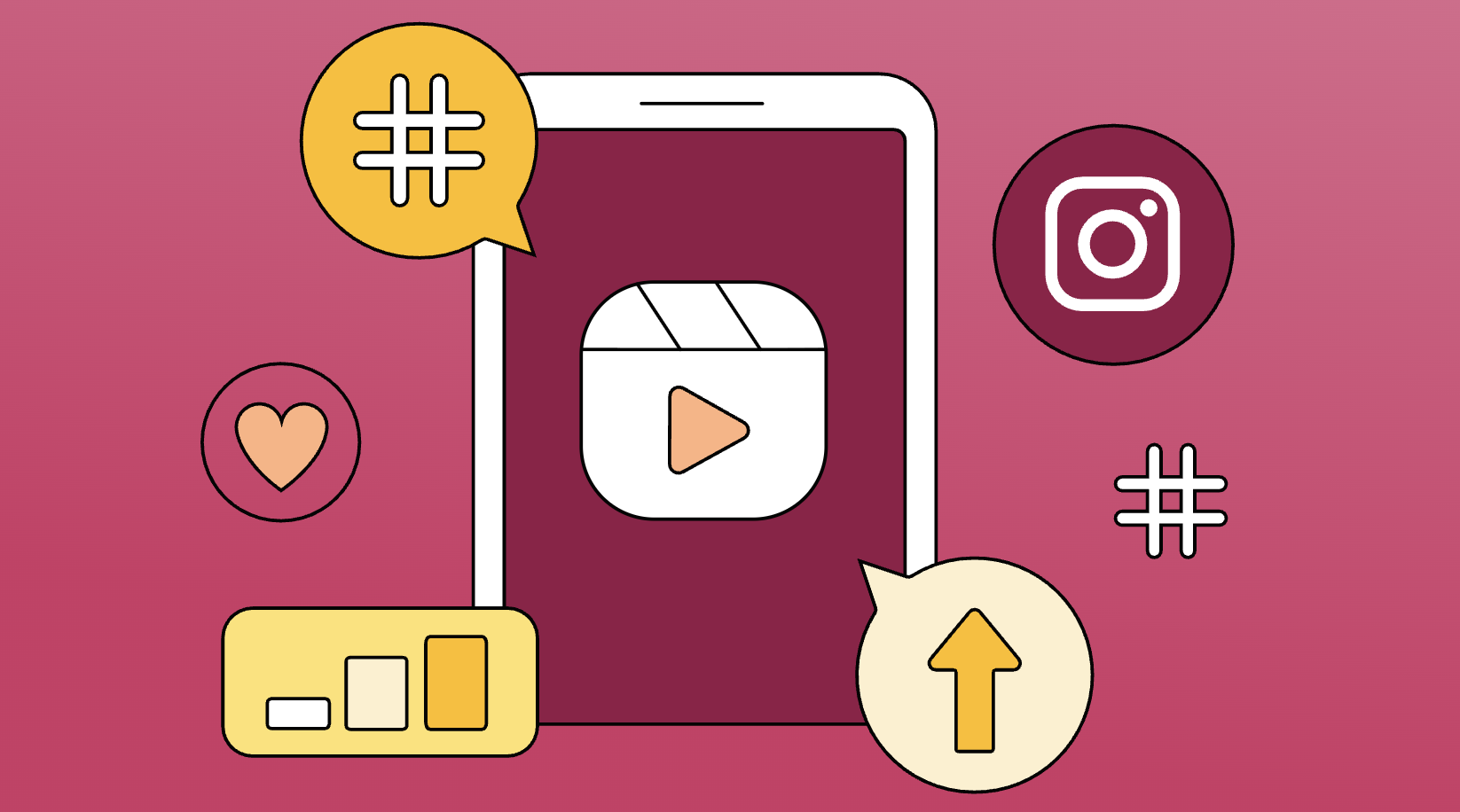 A graphic with a rose pink background and illustrations in shades of white, pink and yellow of a phone with various social media and analytics icons.